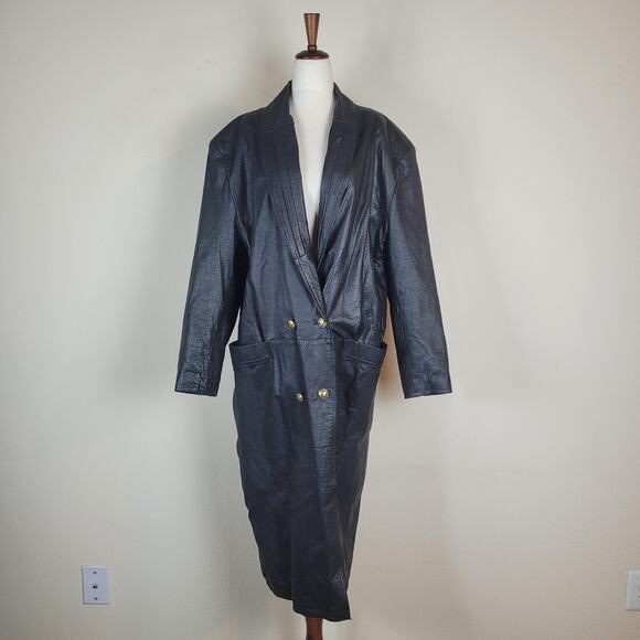 VTG G III Leather Coat Medium Black Leather Long Double Breasted 90s Collared - Picture 1 of 11